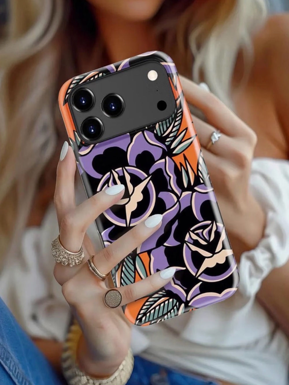 Floral Protective Phone Case for iPhone 17 Pro Max - Purple & Orange